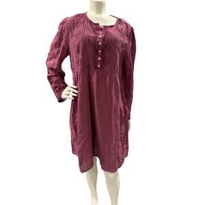 Sundance Chantae Eyelet Dress Pintuck Long Sleeve Buttons Womens Sz Large